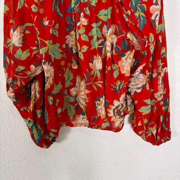 Maeve by Anthropologie Red with Tan Floral Long Sleeve Blouse Top - Picture 4 of 8